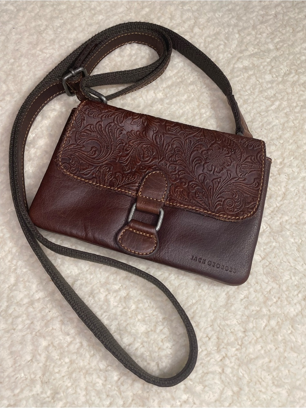 Jack Georges Voyager Tooled Leather Floral Embossed Crossbody Bag Brown